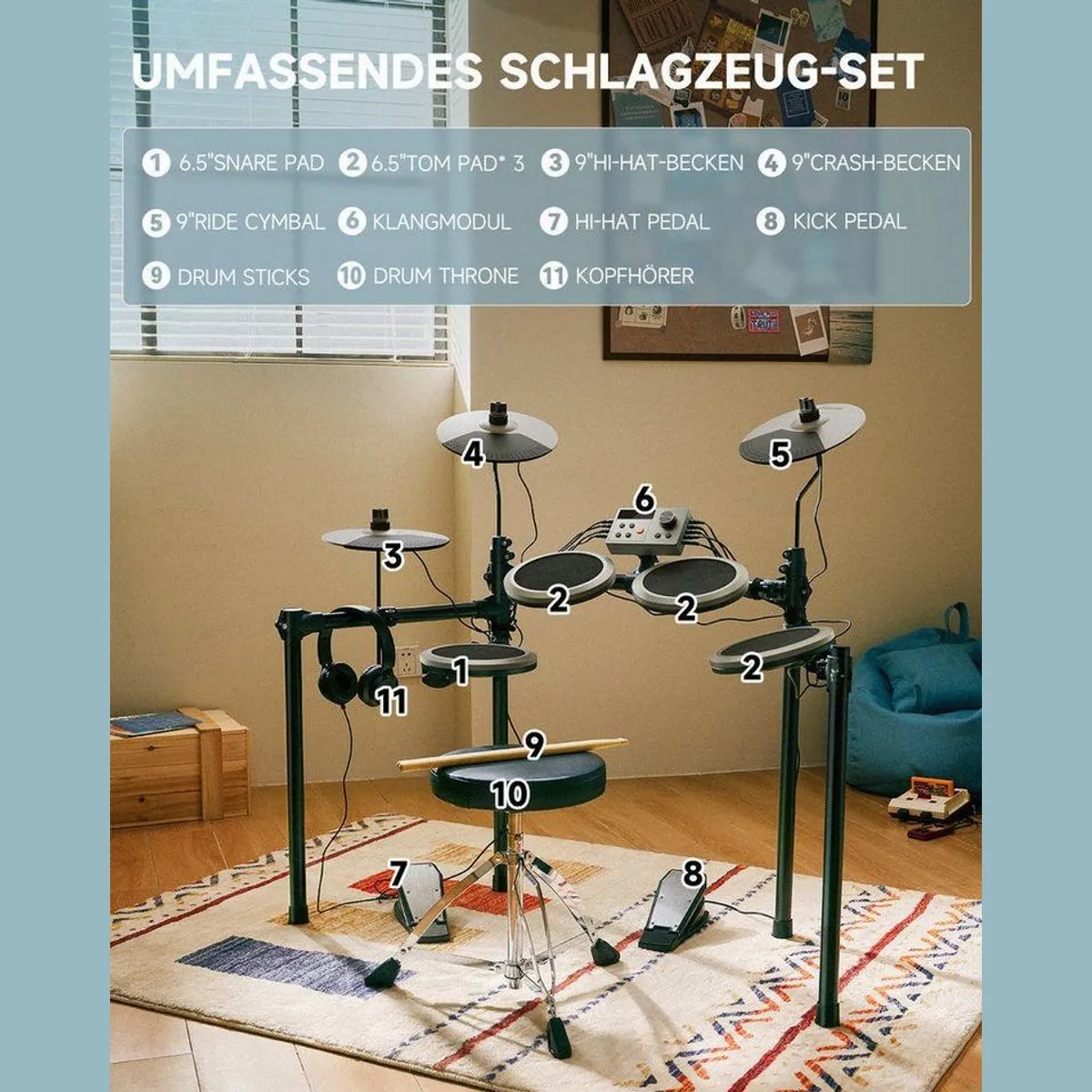 Donner DED-70 E-Drum Set, leise Mesh-Pads, 12 Kits, interaktive App — für Kinder von 4-14 Jahren 2