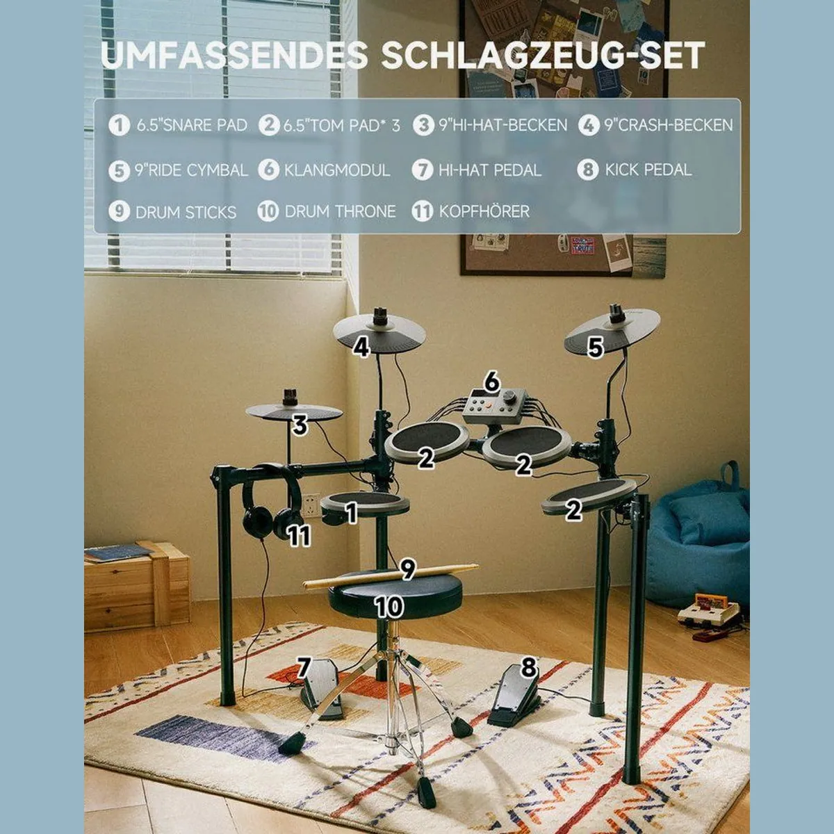 Donner DED-200 E-Drum Set, 450 Sounds, umfassendes Zubehör 3
