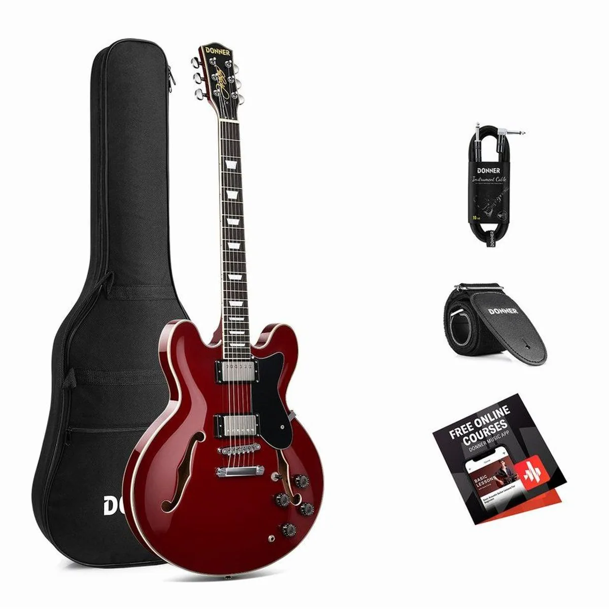 Donner DJP-1000 Semi-Hollow E-Gitarre, 70er-Jahre Sound, Zwei Humbucker mit Coil-Split