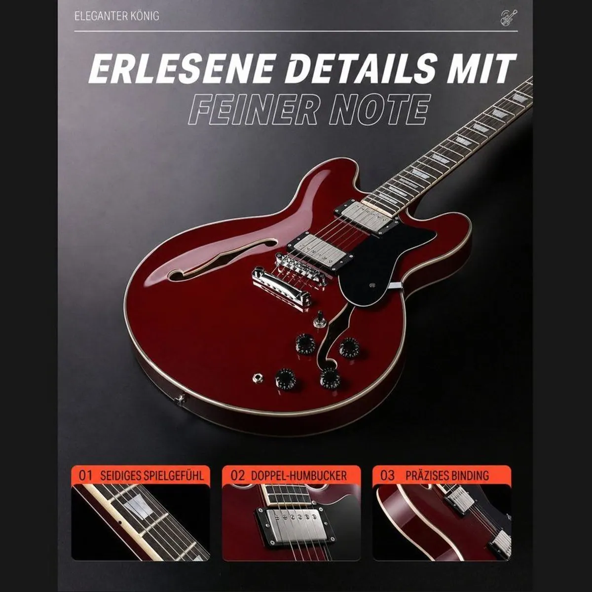 Donner DJP-1000 Semi-Hollow E-Gitarre, 70er-Jahre Sound, Zwei Humbucker mit Coil-Split 2