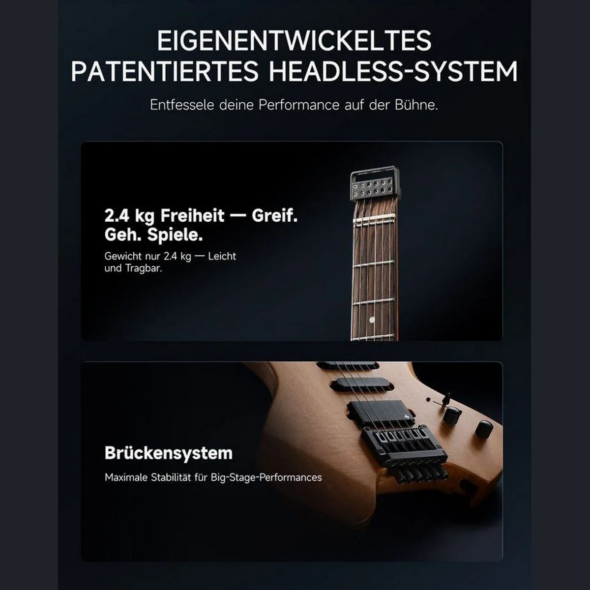 Donner HLX-500 E-Gitarre, leichtes Headless-Design, HSS-Pickups, inkl. Tasche 3