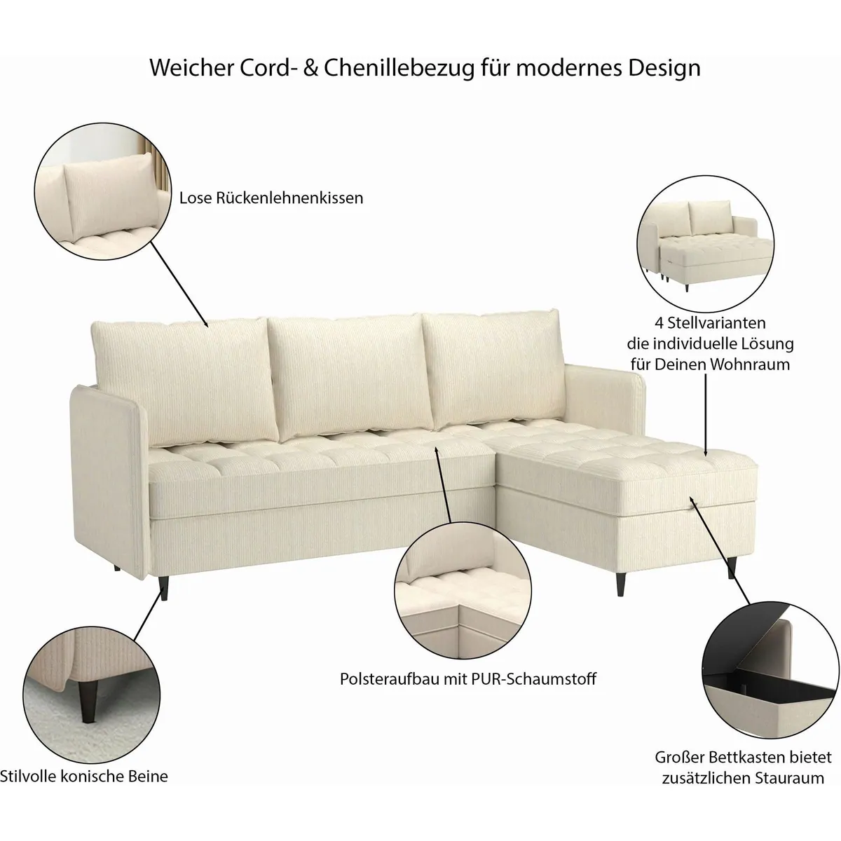 Dorel Home Ecksofa LINDHUS, Chenille, L-Form, vielseitig verstellbar 3