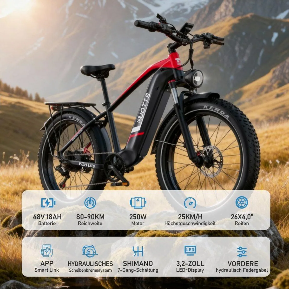 DUOTTS F26lite Pedelec, 100 km Reichweite, leiser Heckmotor, 7-Gang Shimano 4