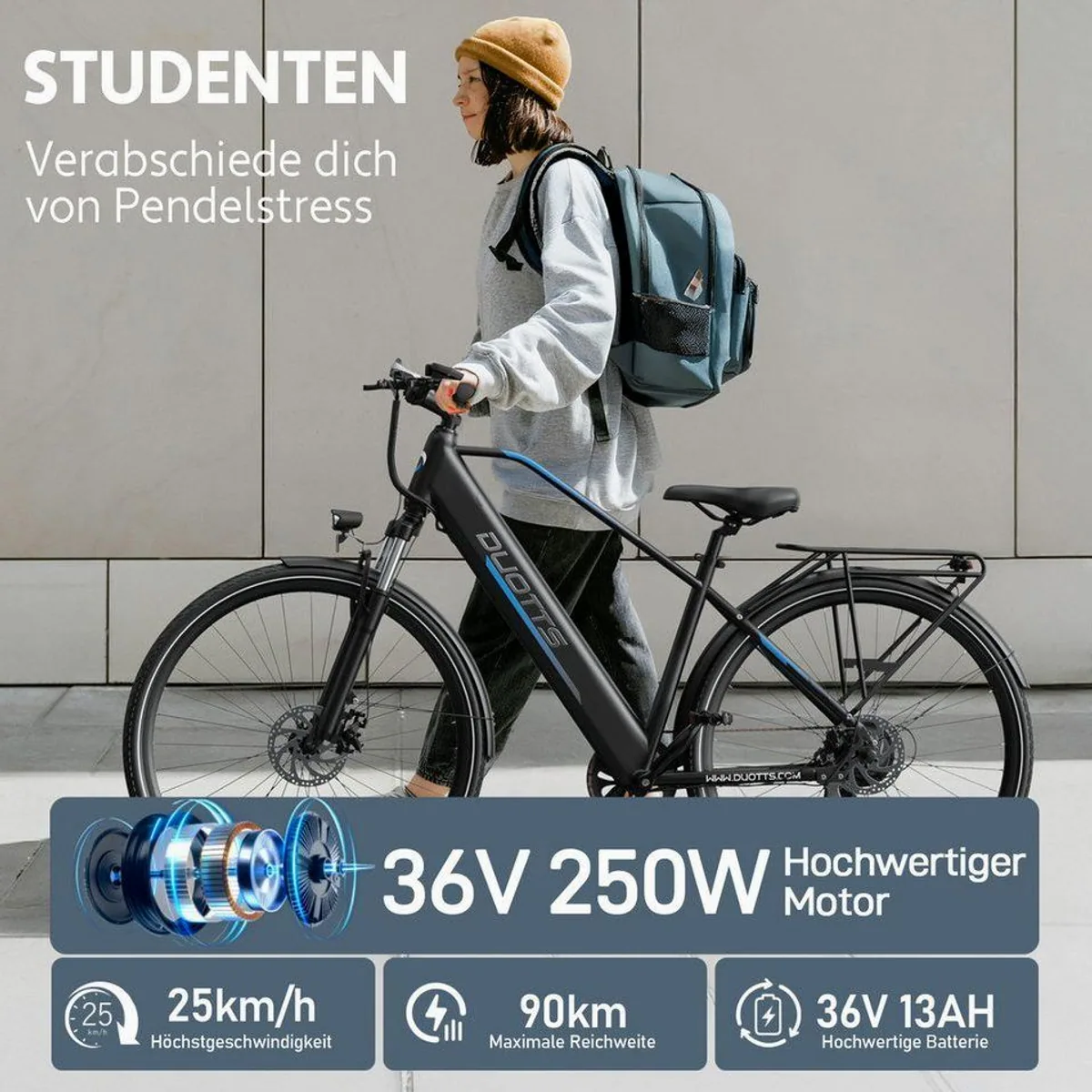 DUOTTS E-Bike Cityrad E-MBT, 90 km Reichweite, 250 W Heckmotor, 7-Gang Shimano 3