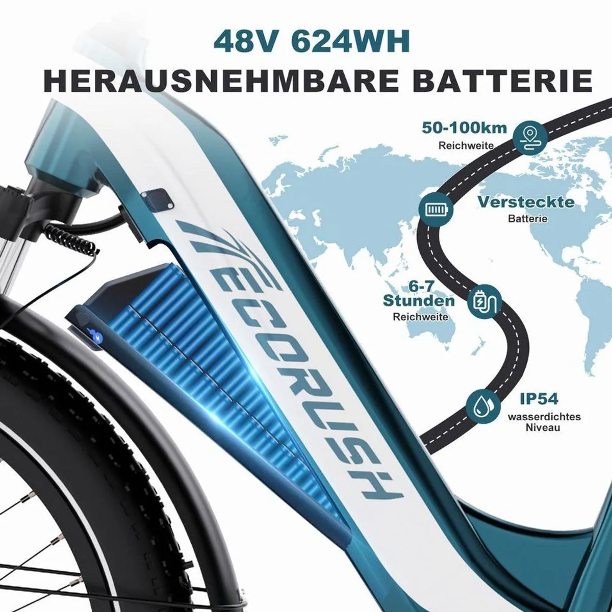 ECORUSH E-Bike Trekkingrad, 100 km Reichweite, 7-Gang Shimano, 624 Wh Akku 3