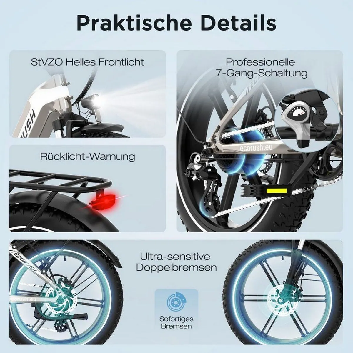 ECORUSH R2 E-Bike Faltrad, 20 Zoll, 60-100 km Reichweite, Shimano 7-Gang 4
