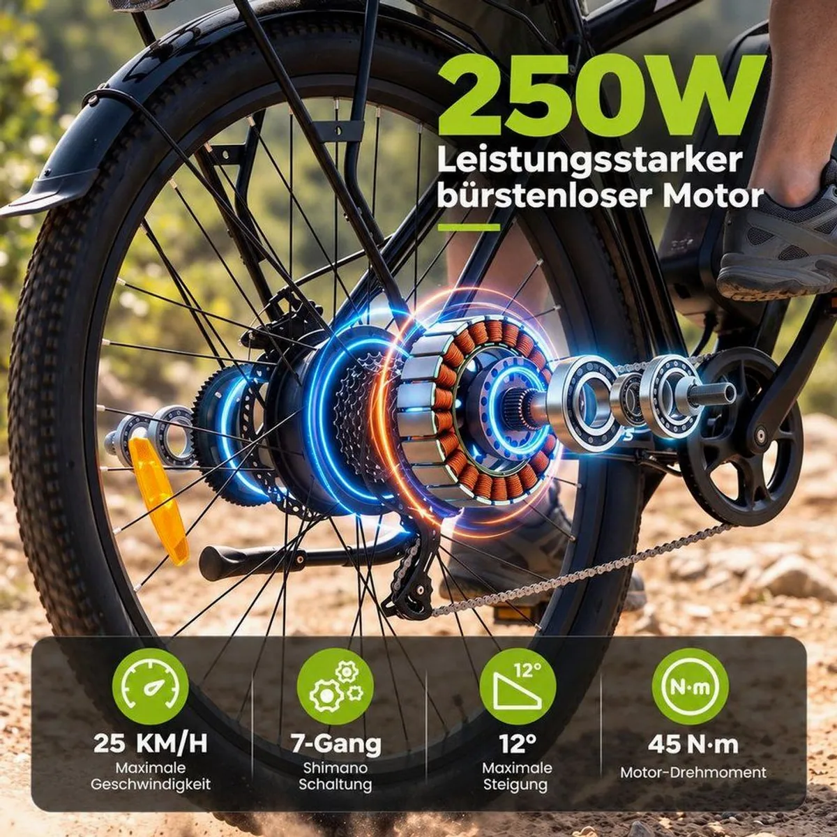 ELEKWHEELS E-Bike Trekkingrad 26", 250W Heckmotor, 40 km Reichweite, Shimano 7-Gang 2