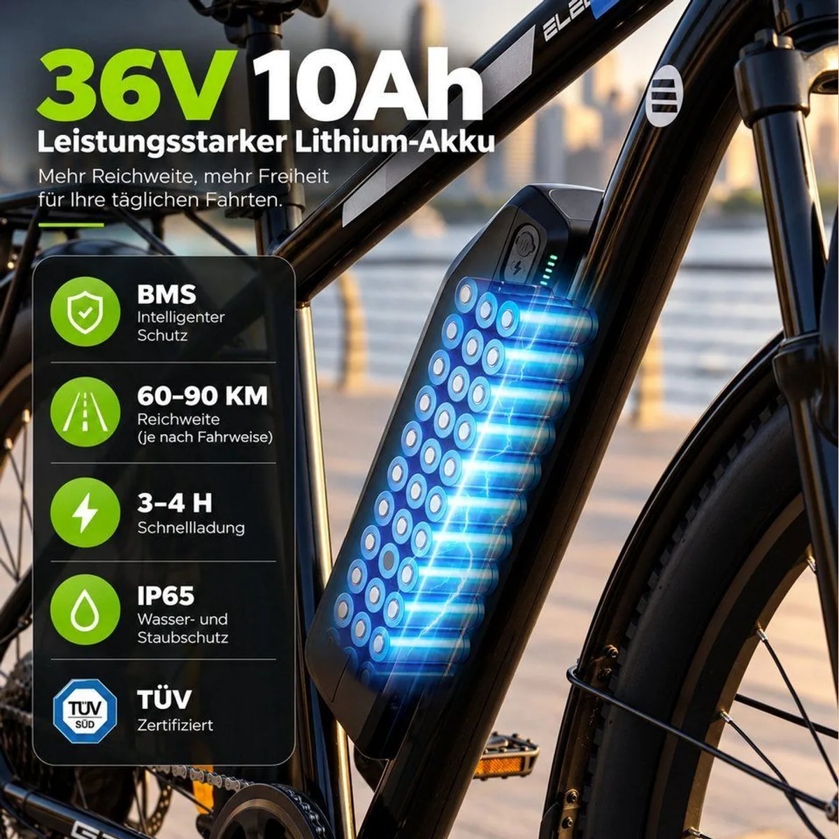 ELEKWHEELS E-Bike Trekkingrad 26", 250W Heckmotor, 40 km Reichweite, Shimano 7-Gang 3
