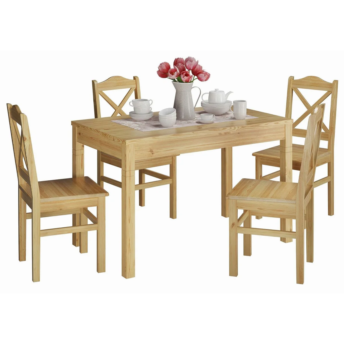 ERST-HOLZ Essgruppe, rustikaler Stil, Tisch und 4 Stühle aus Kiefernholz