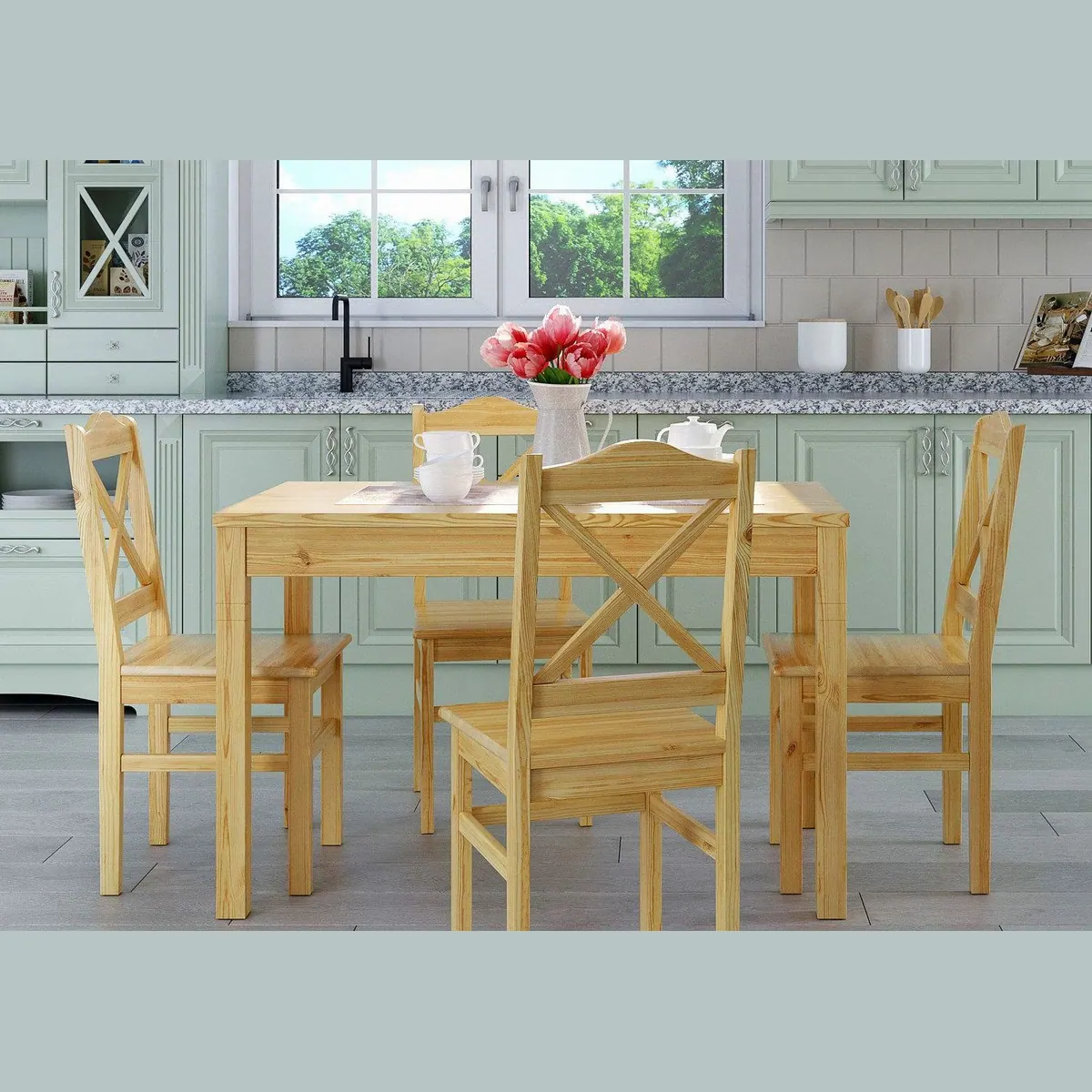 ERST-HOLZ Essgruppe, rustikaler Stil, Tisch und 4 Stühle aus Kiefernholz 3
