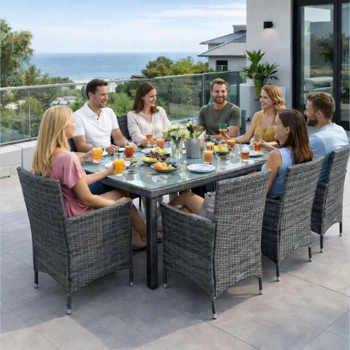 ESTEXO Sitzgruppe Polyrattan Gartenmöbel Set, für 8 Personen, anthrazit-grau