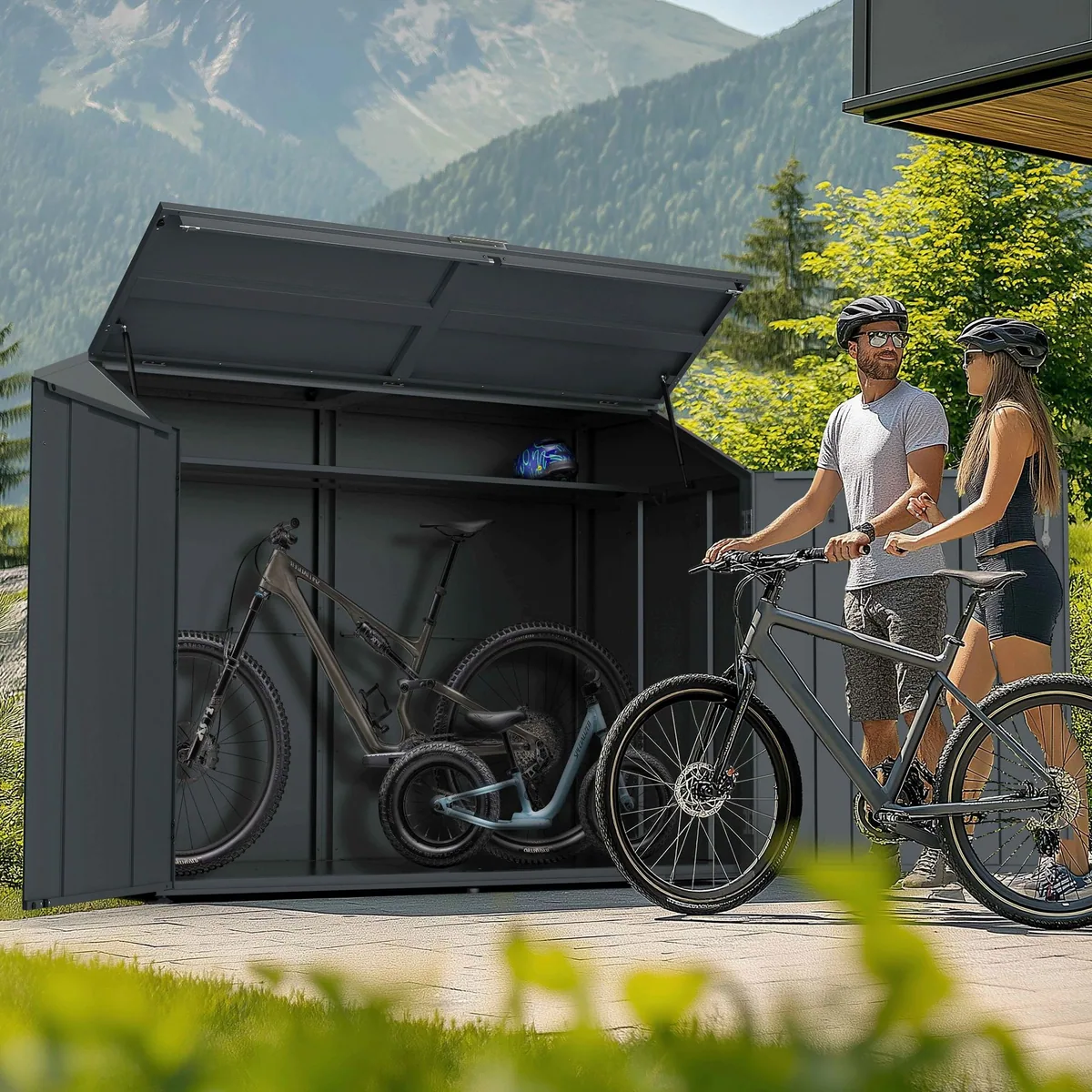 ESTEXO Fahrradgarage Metall, abschließbar, für bis zu 4 Fahrräder — robust, praktische Aufbewahrung, integrierte Ablage