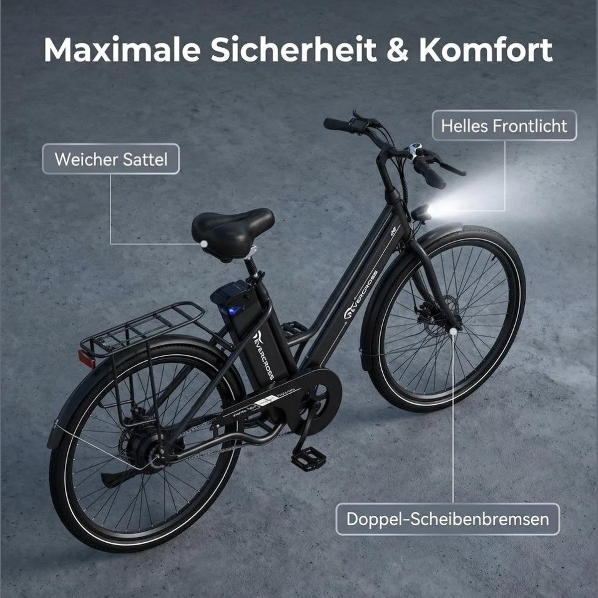 EVERCROSS TECH E-Bike Cityrad, 26 Zoll, 90 km Reichweite, 250W Heckmotor 3