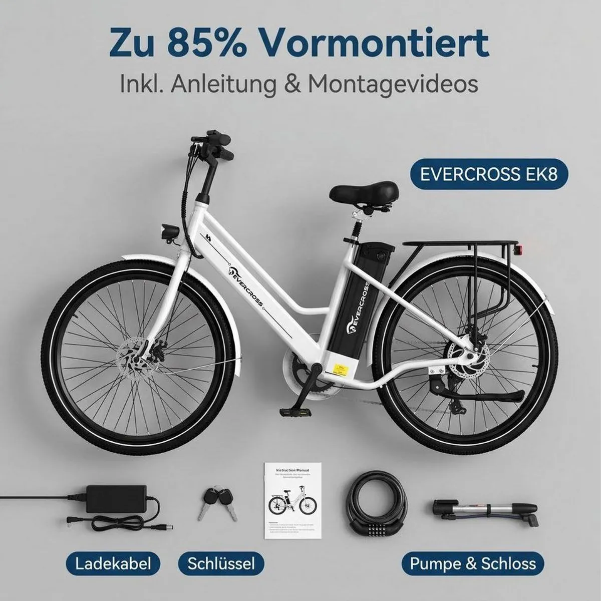 EVERCROSS TECH E-Bike Cityrad, 26 Zoll, 90 km Reichweite, 250W Heckmotor 4