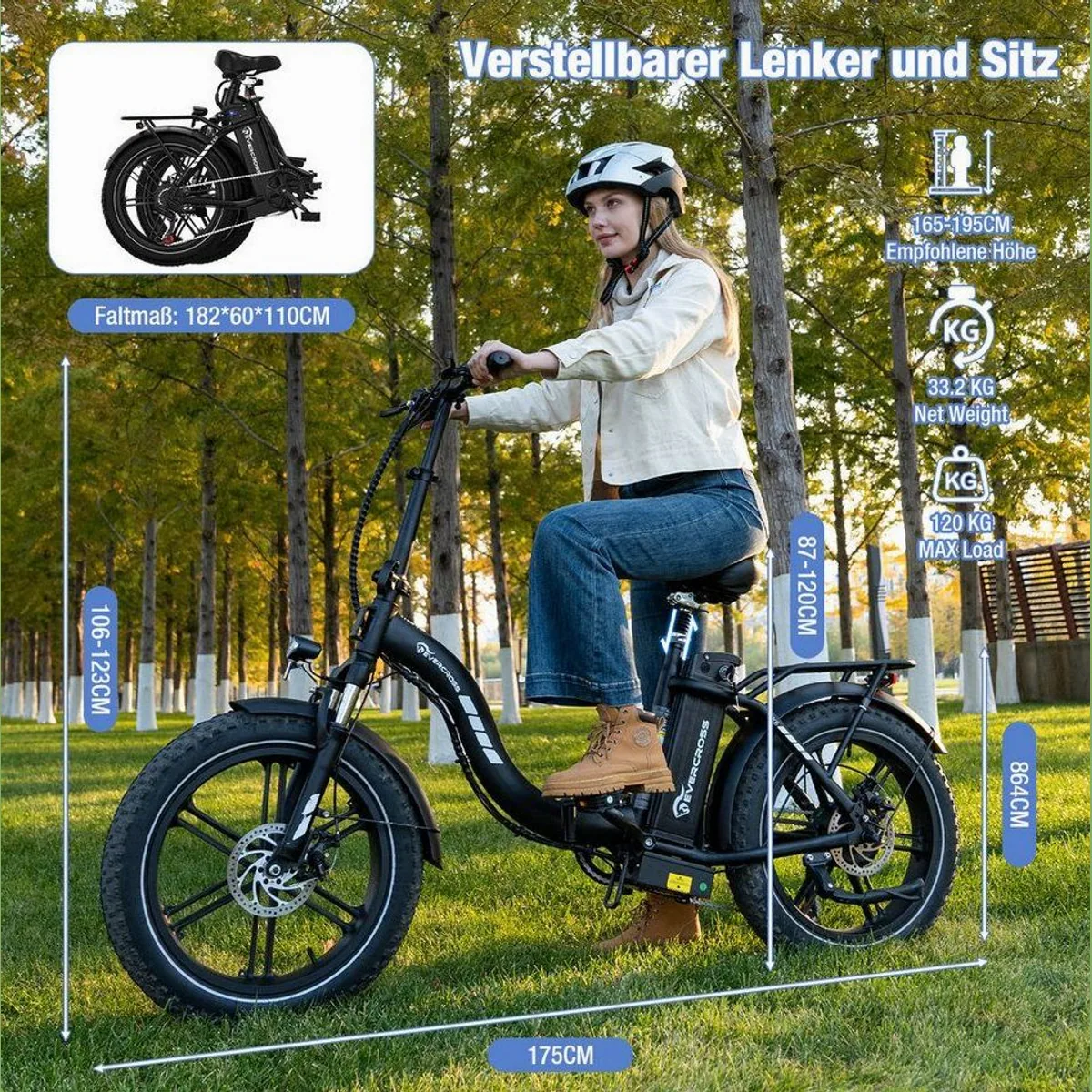 EVERCROSS TECH E-Bike 20×4.0 Fatbike, 250W Motor, 130 km Reichweite, 7-Gang Shimano 5