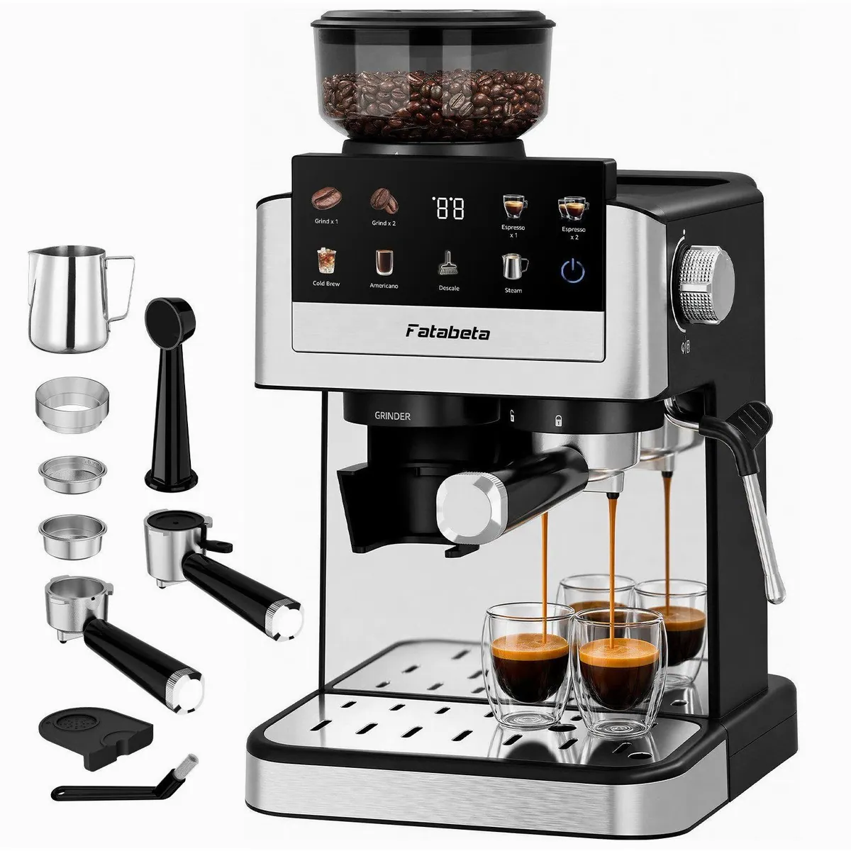 FATABETA Siebträgermaschine, 20 Bar, 30 Mahlgrade, Touchdisplay — für Espresso, Americano & Cold Brew