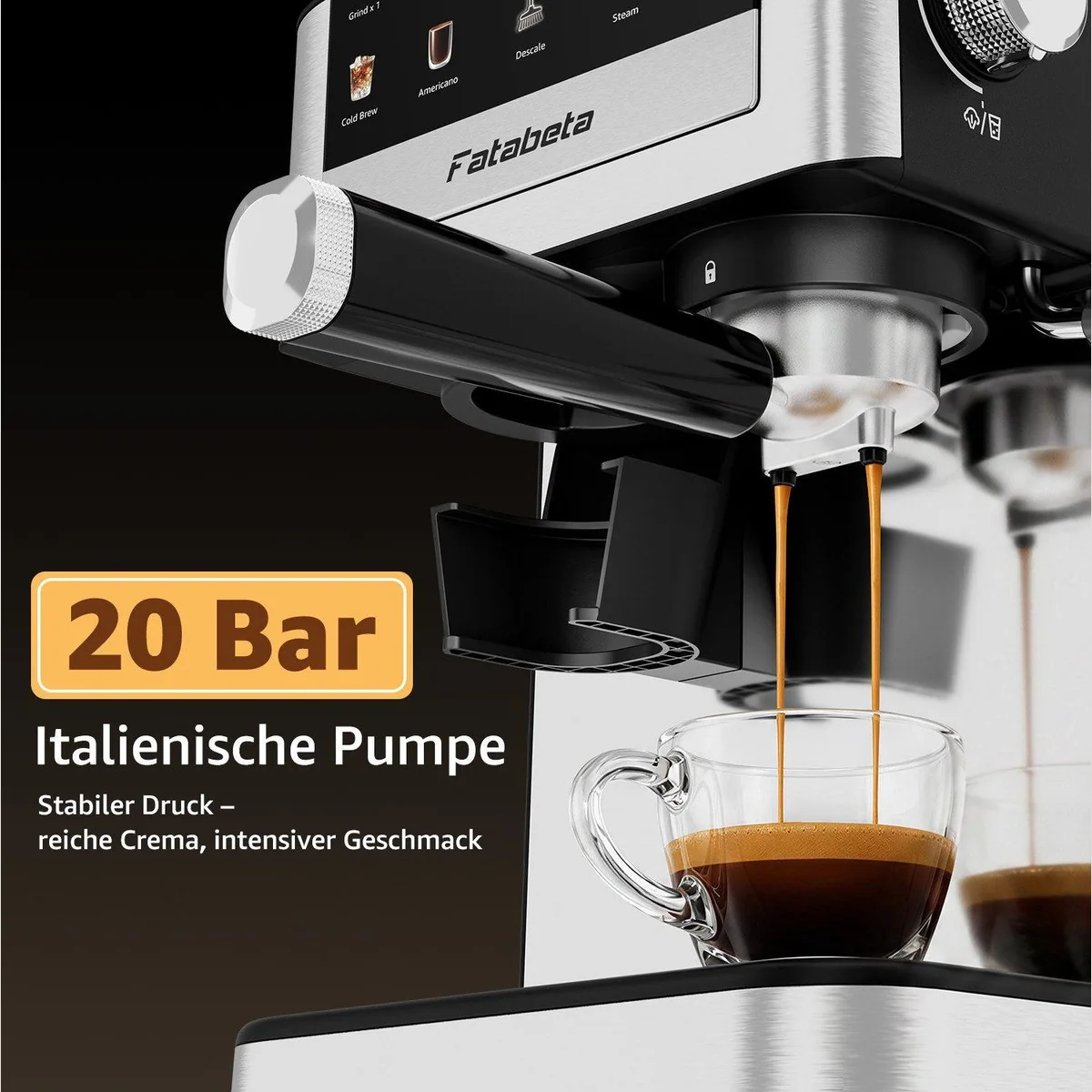 FATABETA Siebträgermaschine, 20 Bar, 30 Mahlgrade, Touchdisplay — für Espresso, Americano & Cold Brew 2