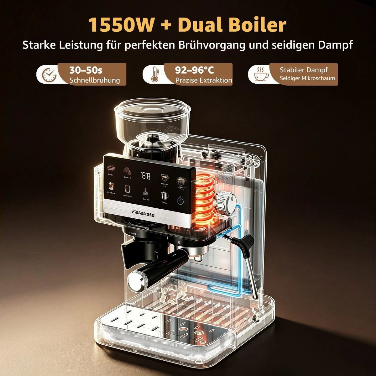 FATABETA Siebträgermaschine, 20 Bar, 30 Mahlgrade, Touchdisplay — für Espresso, Americano & Cold Brew 3