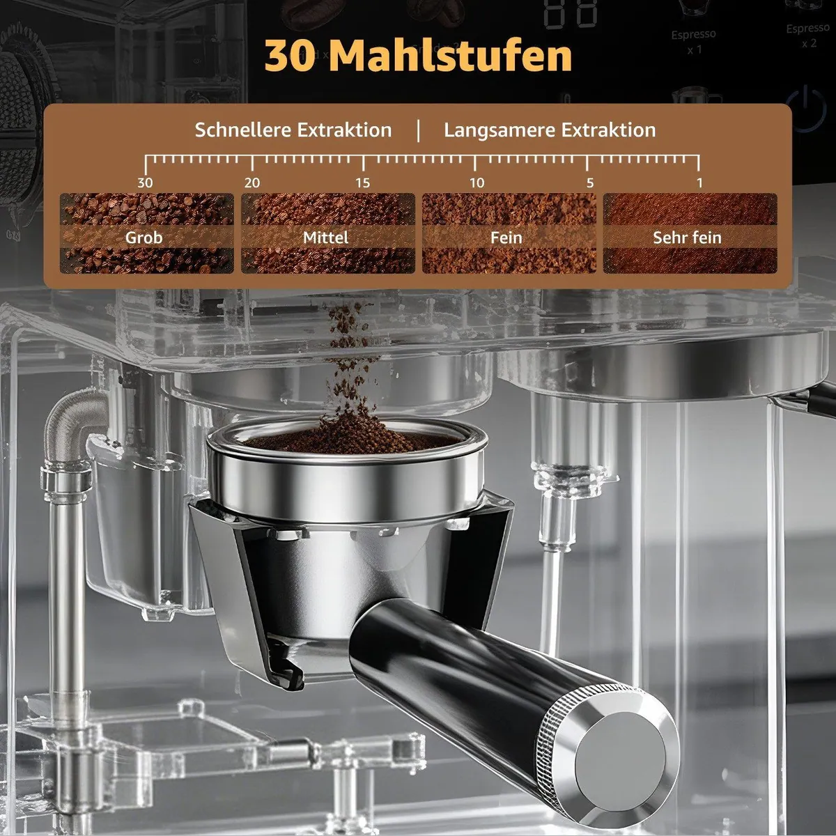 FATABETA Siebträgermaschine, 20 Bar, 30 Mahlgrade, Touchdisplay — für Espresso, Americano & Cold Brew 4