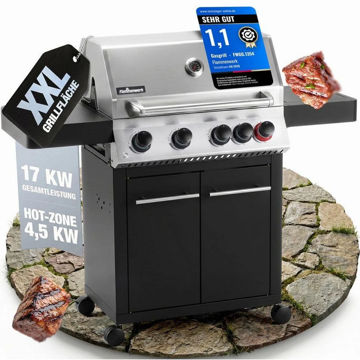 Flammenwerk FWGG.1354 Gasgrill, 17 kW Leistung, LED-Beleuchtung, Hot Zone & Seitenbrenner