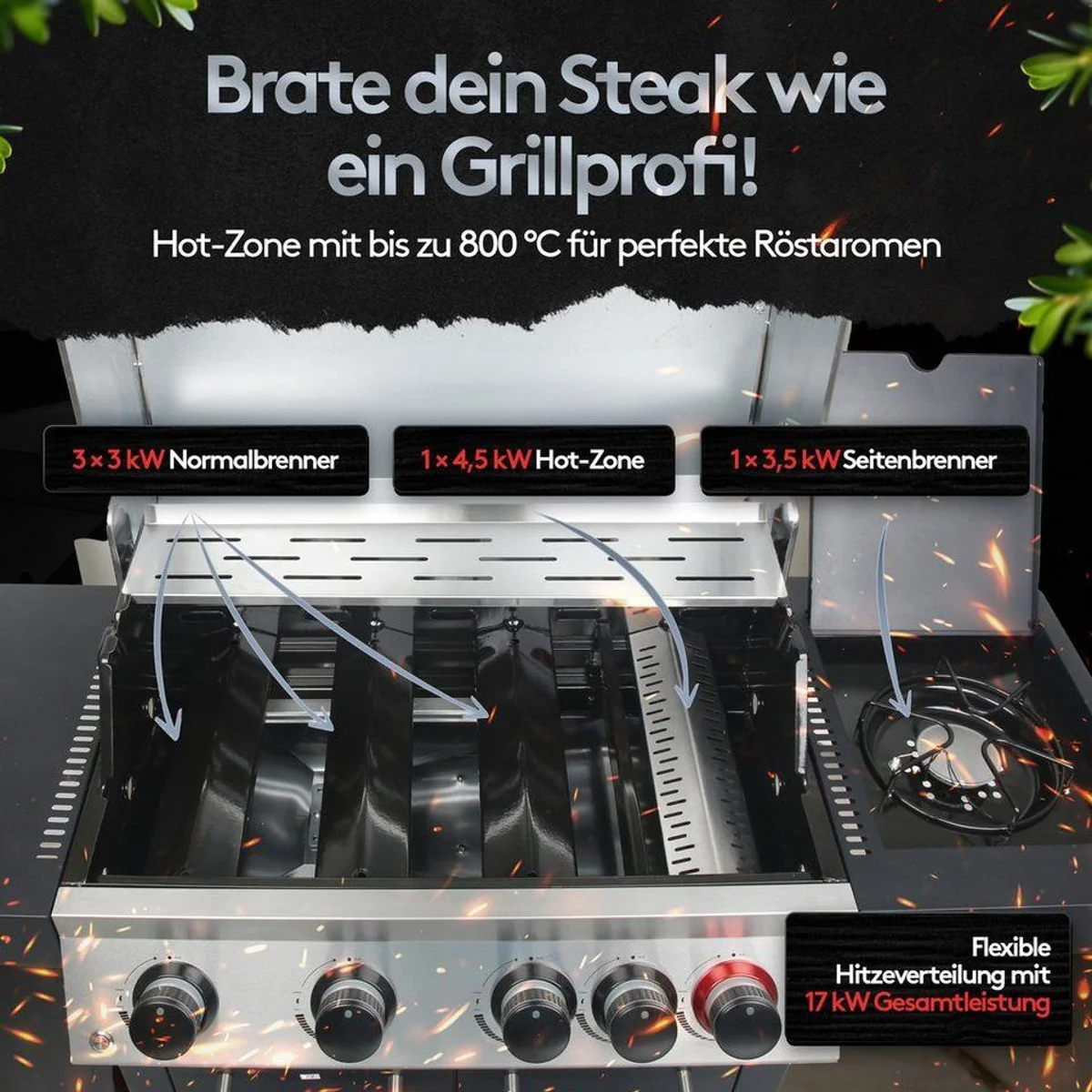 Flammenwerk FWGG.1354 Gasgrill, 17 kW Leistung, LED-Beleuchtung, Hot Zone & Seitenbrenner 2