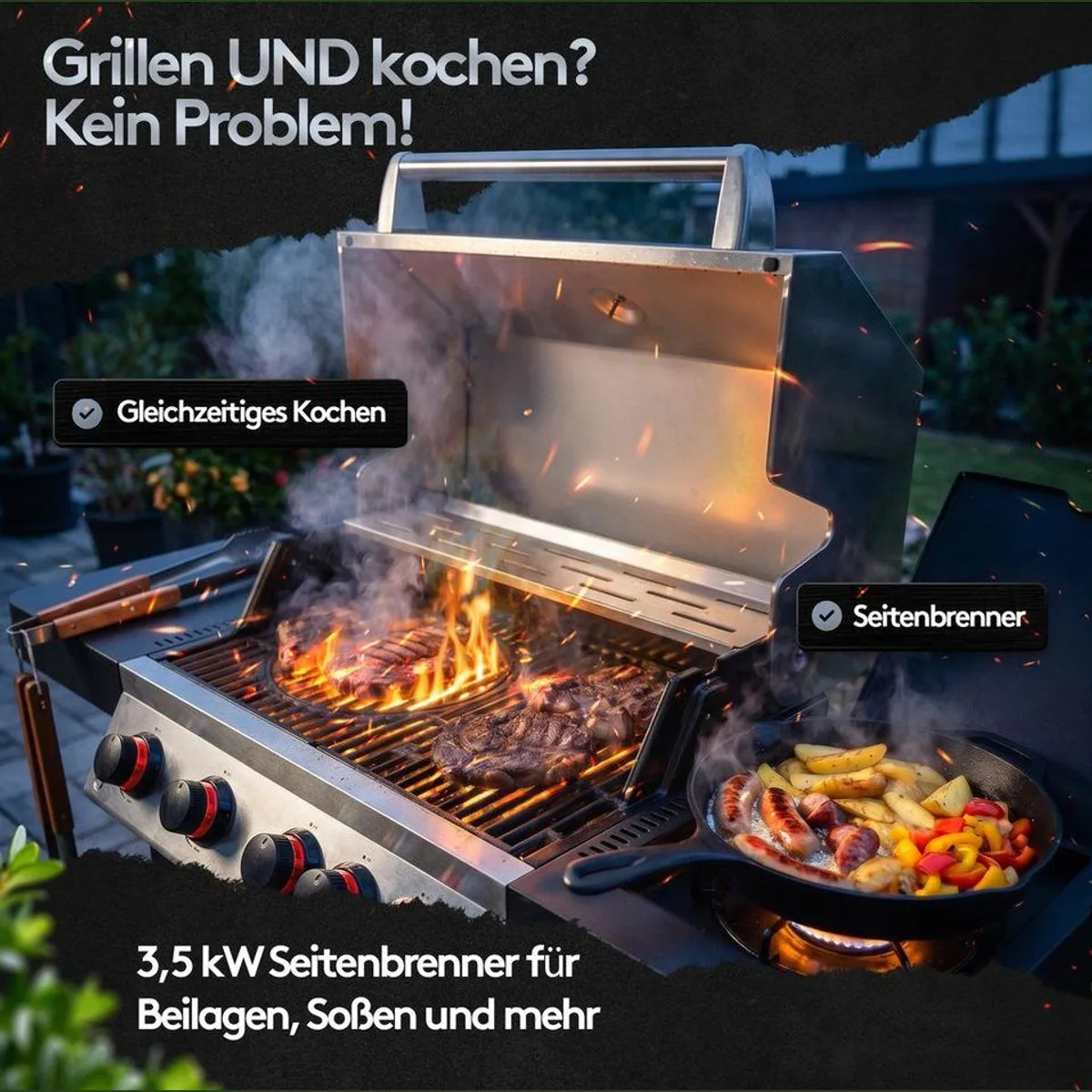 Flammenwerk FWGG.1354 Gasgrill, 17 kW Leistung, LED-Beleuchtung, Hot Zone & Seitenbrenner 4