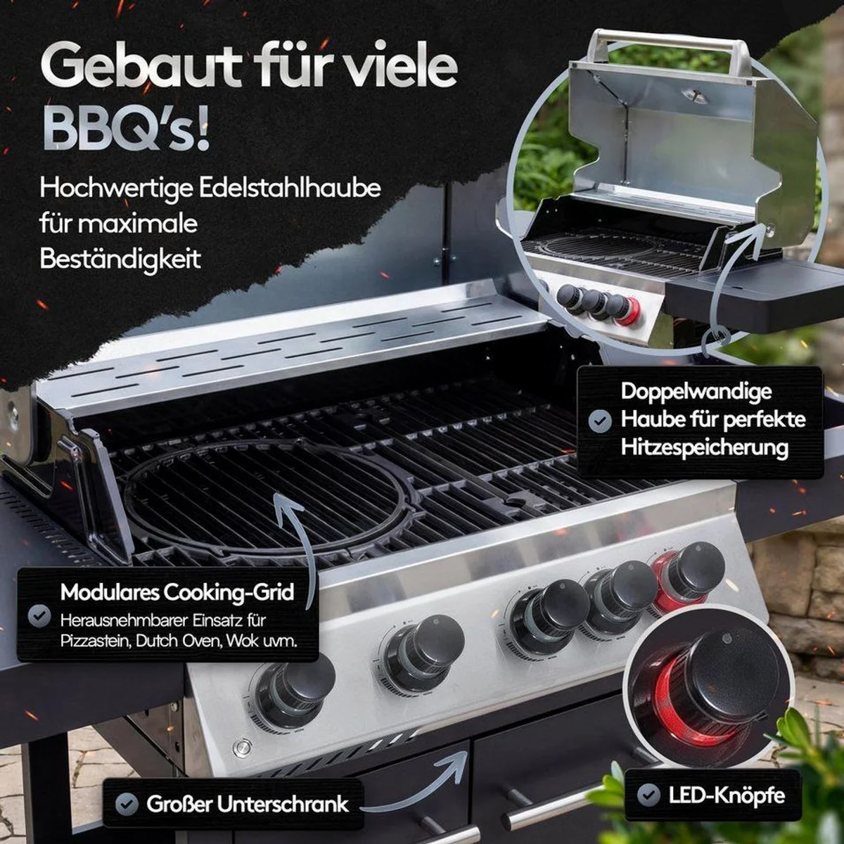 Flammenwerk FWGG.1354 Gasgrill, 17 kW Leistung, LED-Beleuchtung, Hot Zone & Seitenbrenner 5