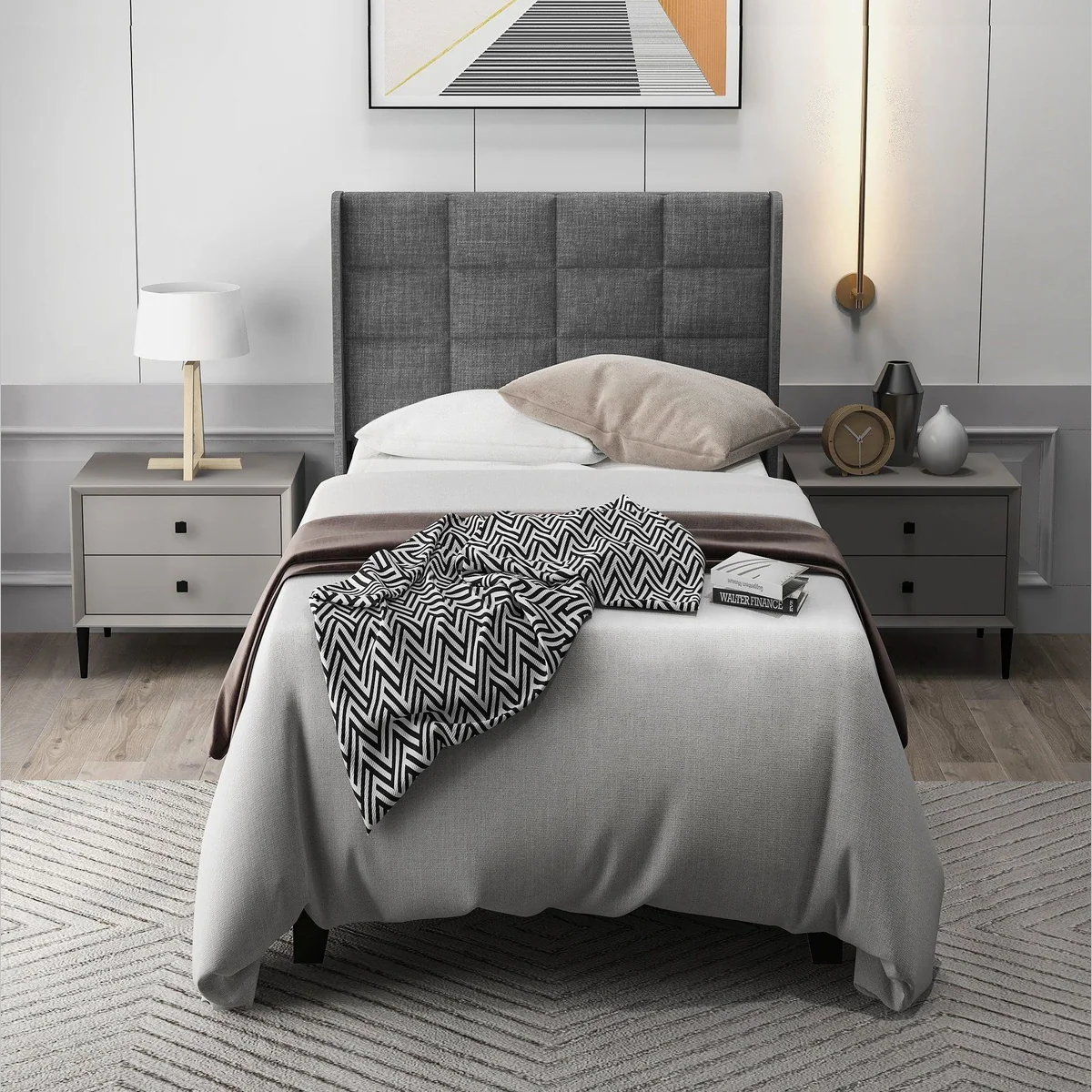 Flieks Polsterbett Einzelbett, elegantes Design, Leinenbezug, 90x200cm 2