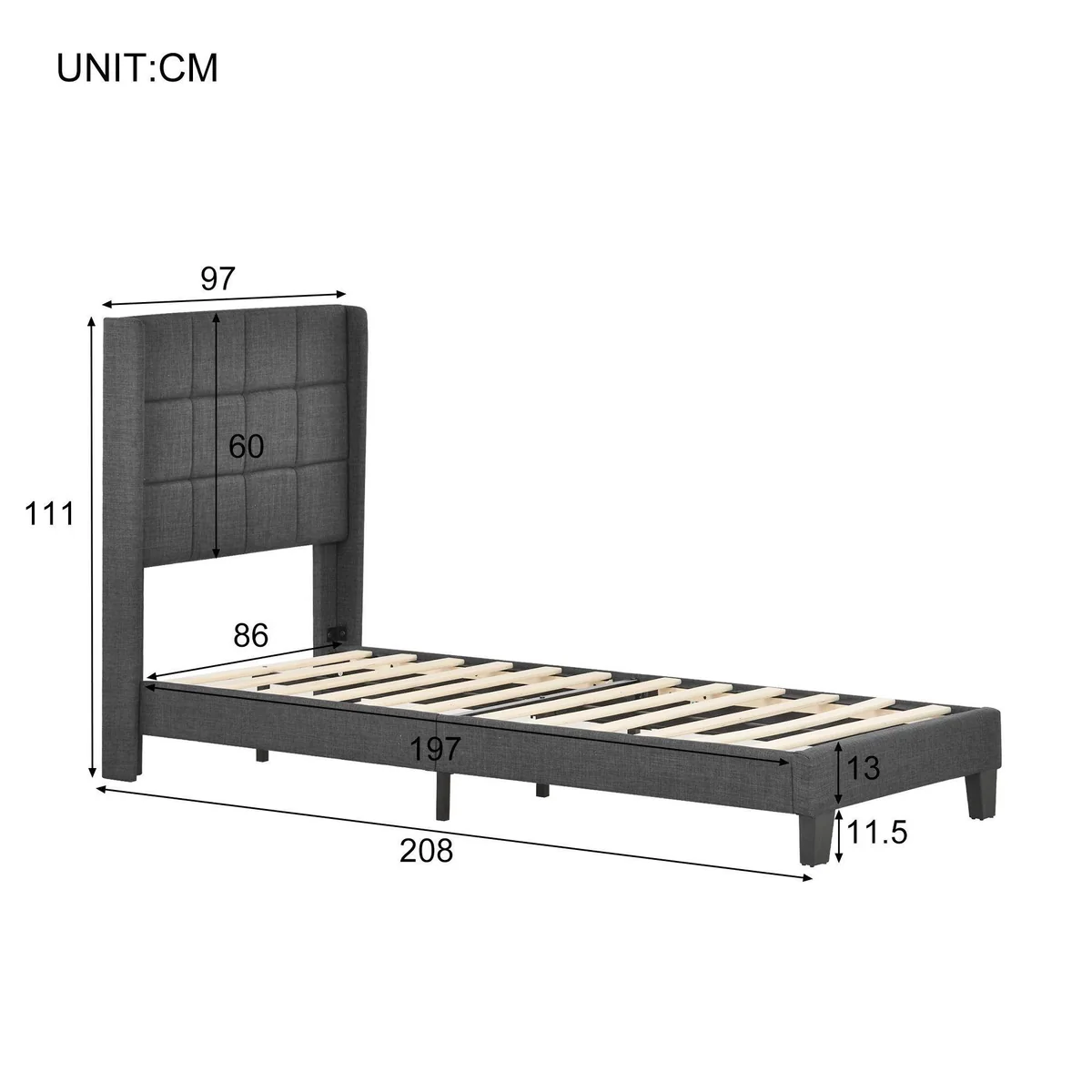 Flieks Polsterbett Einzelbett, elegantes Design, Leinenbezug, 90x200cm 3