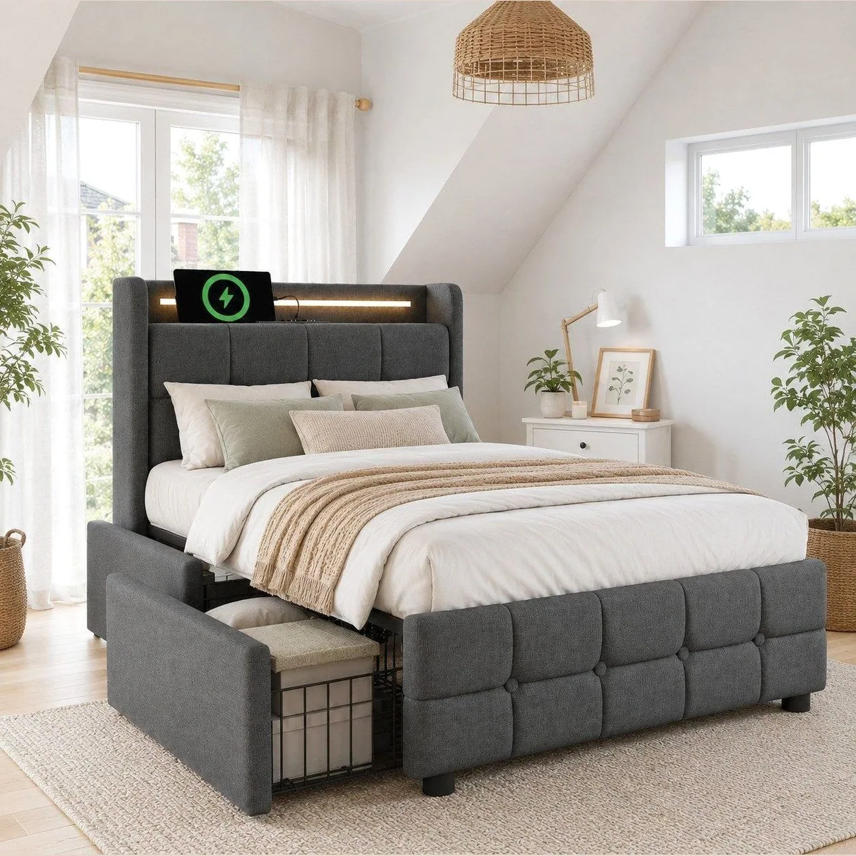 Flieks Polsterbett Einzelbett 90x200cm, mit LED-Beleuchtung und 2 Schubladen