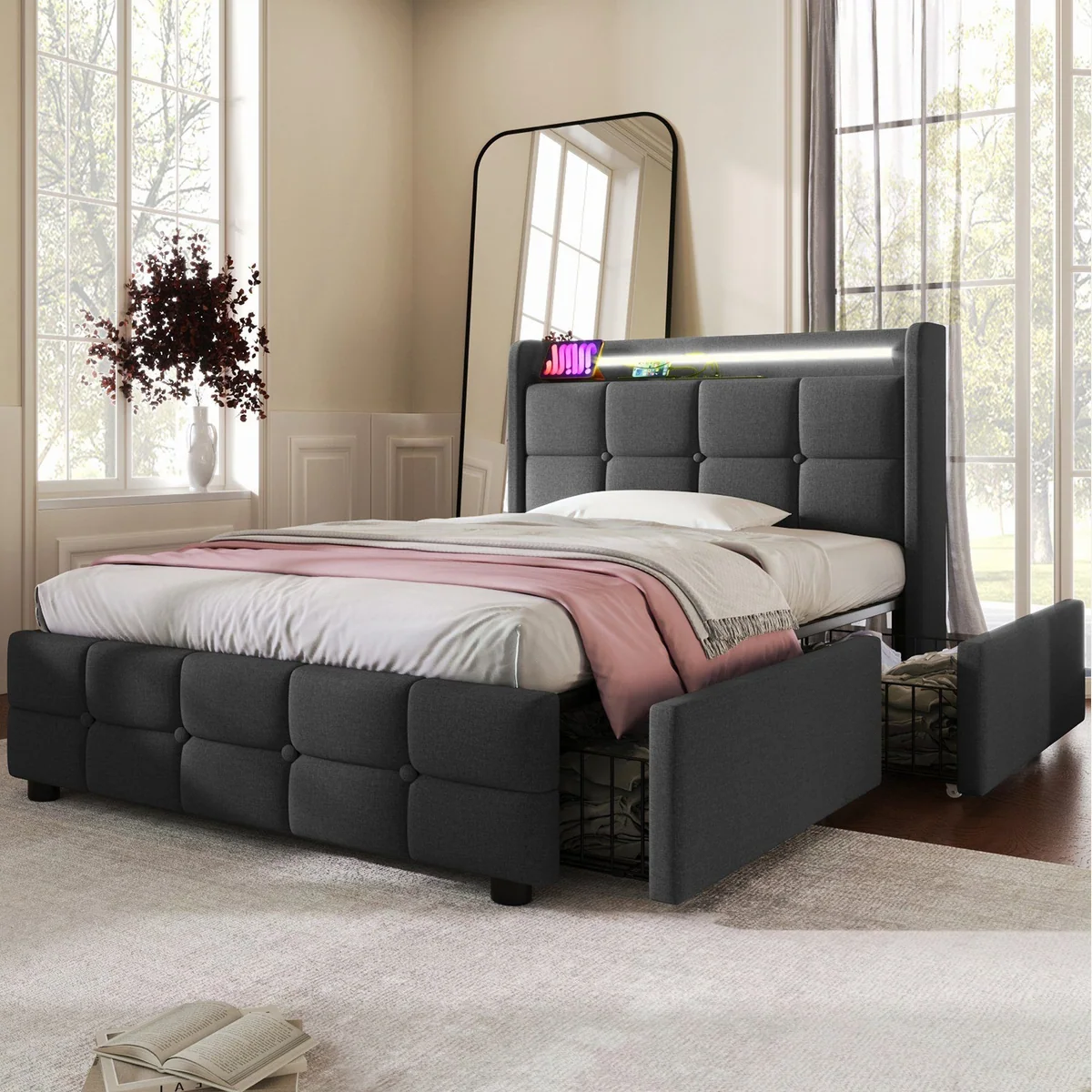 Flieks Polsterbett Einzelbett 90x200cm, mit LED-Beleuchtung und 2 Schubladen 2