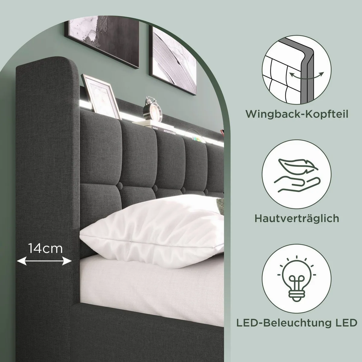 Flieks Polsterbett Einzelbett 90x200cm, mit LED-Beleuchtung und 2 Schubladen 3