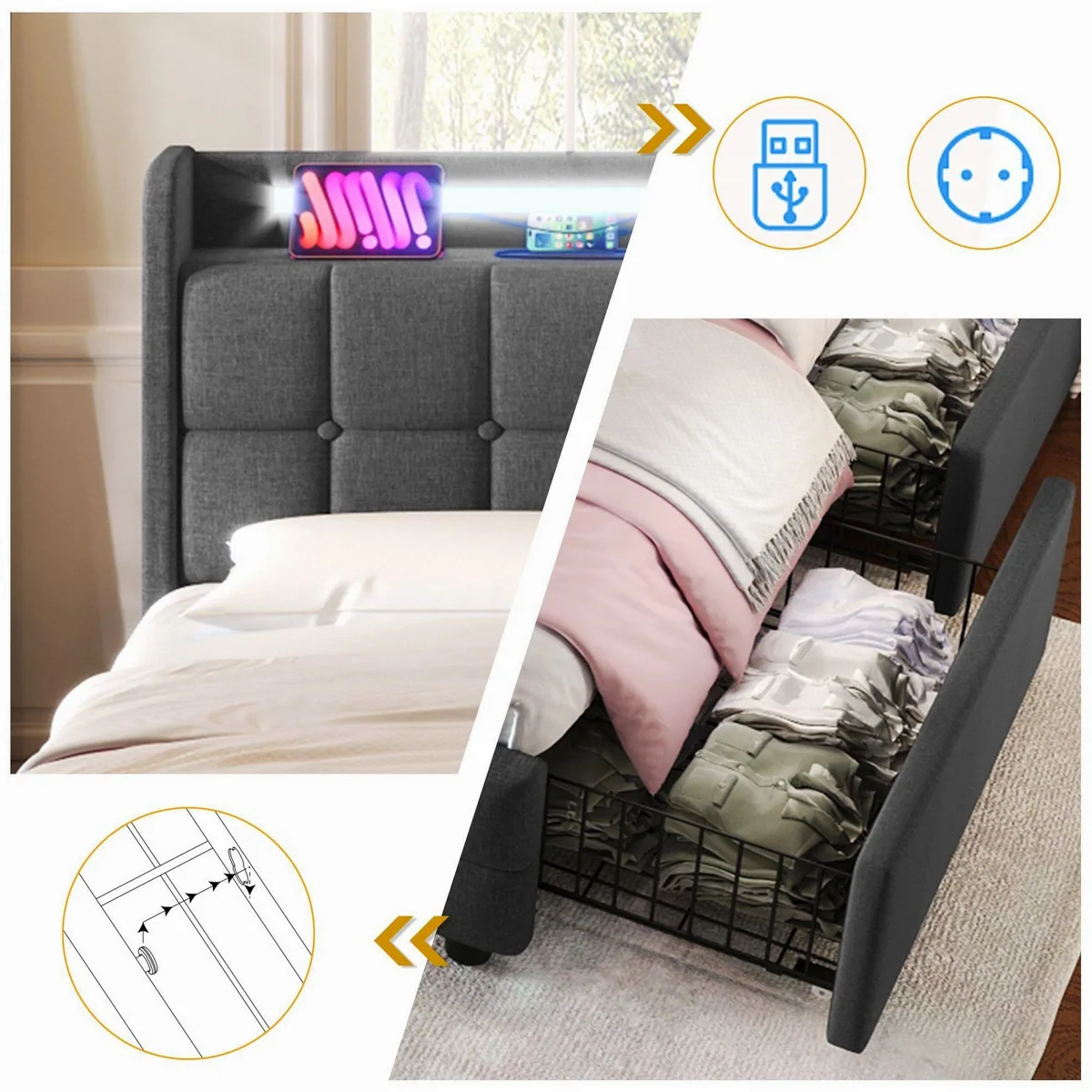 Flieks Polsterbett Einzelbett 90x200cm, mit LED-Beleuchtung und 2 Schubladen 5