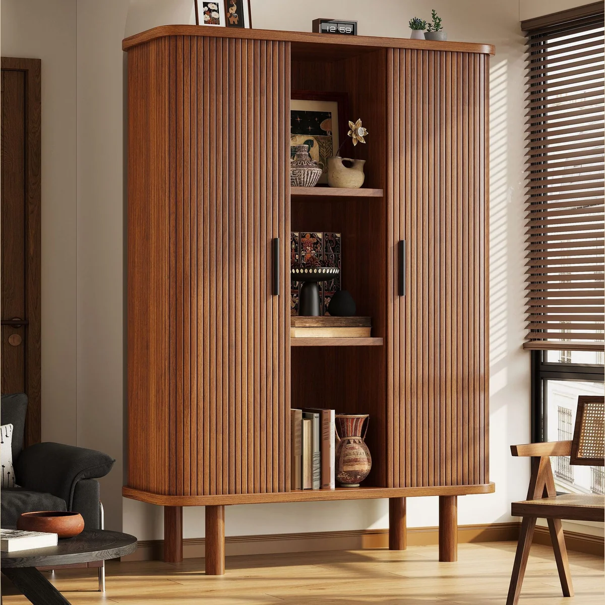Flieks Hochschrank Mehrzweckschrank, 9 Fächer, Schiebetüren — stilvolles Design, hohe Funktionalität, Massivholzbeine
