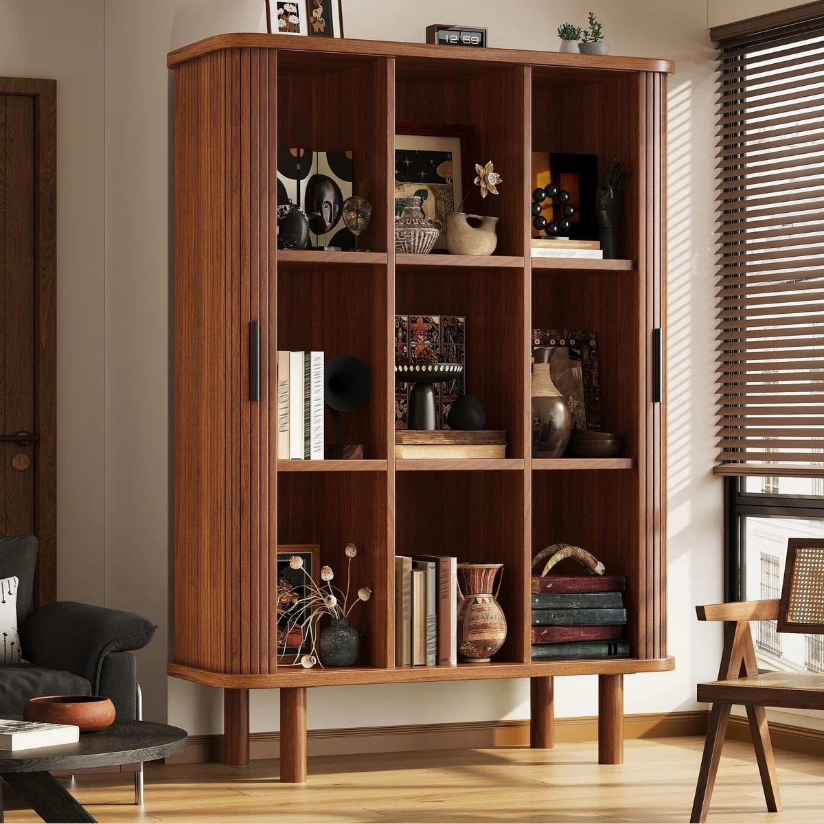 Flieks Hochschrank Mehrzweckschrank, 9 Fächer, Schiebetüren — stilvolles Design, hohe Funktionalität, Massivholzbeine 2