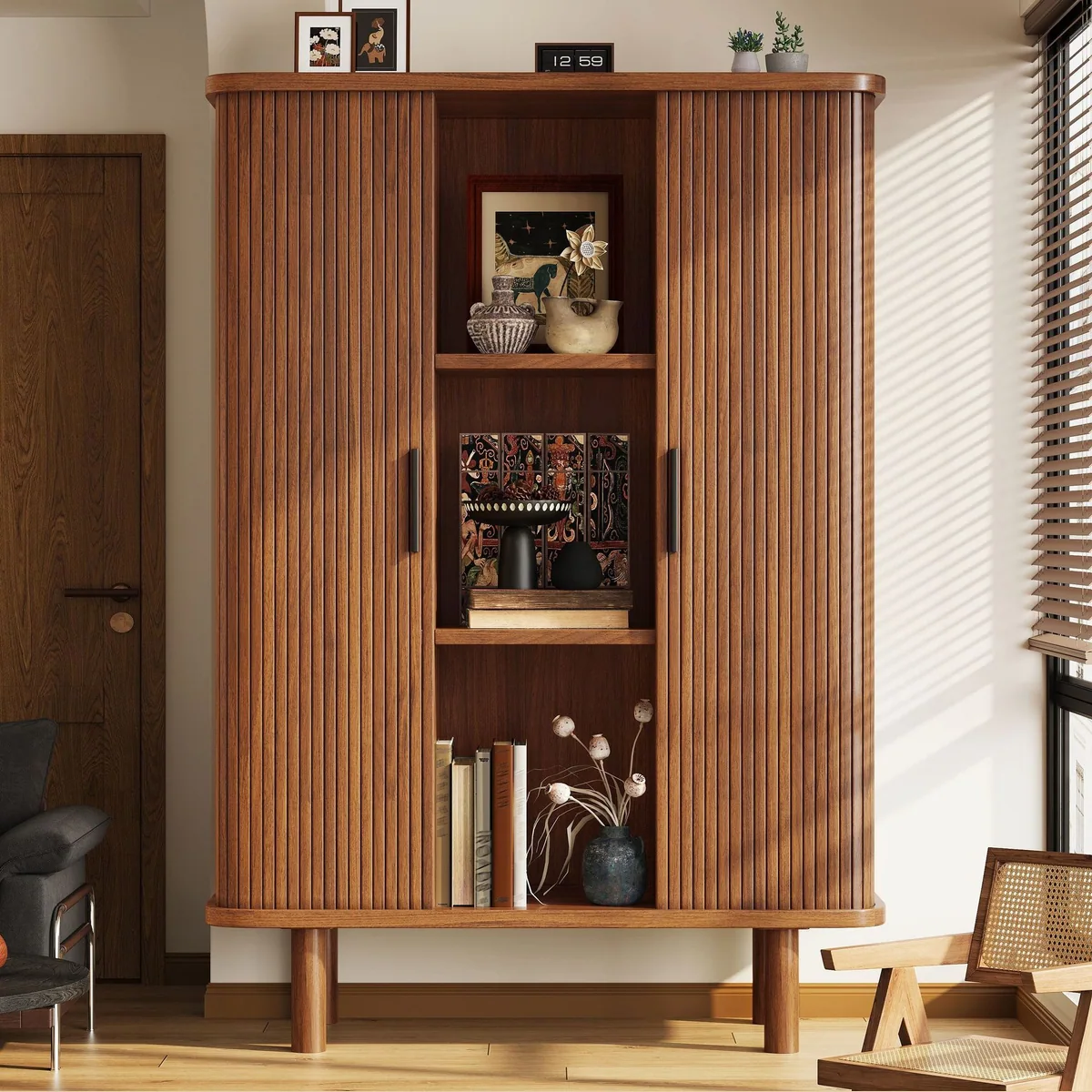 Flieks Hochschrank Mehrzweckschrank, 9 Fächer, Schiebetüren — stilvolles Design, hohe Funktionalität, Massivholzbeine 3