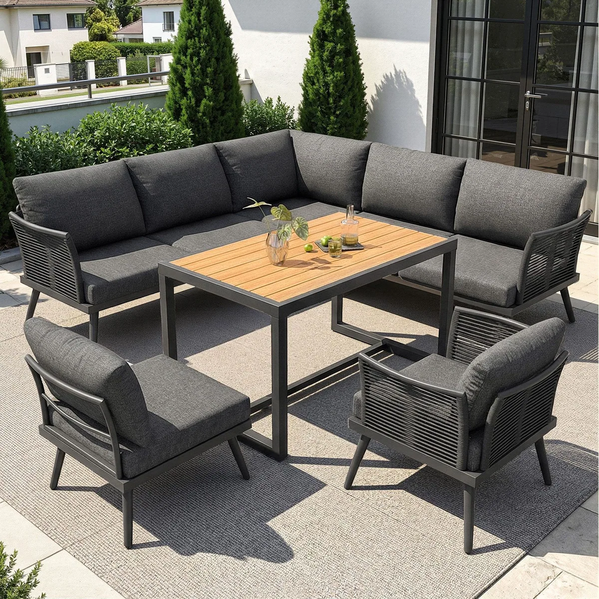 Flieks Gartenlounge-Set, 7-Sitzer L-Form mit großem Esstisch, bequem und stilvoll