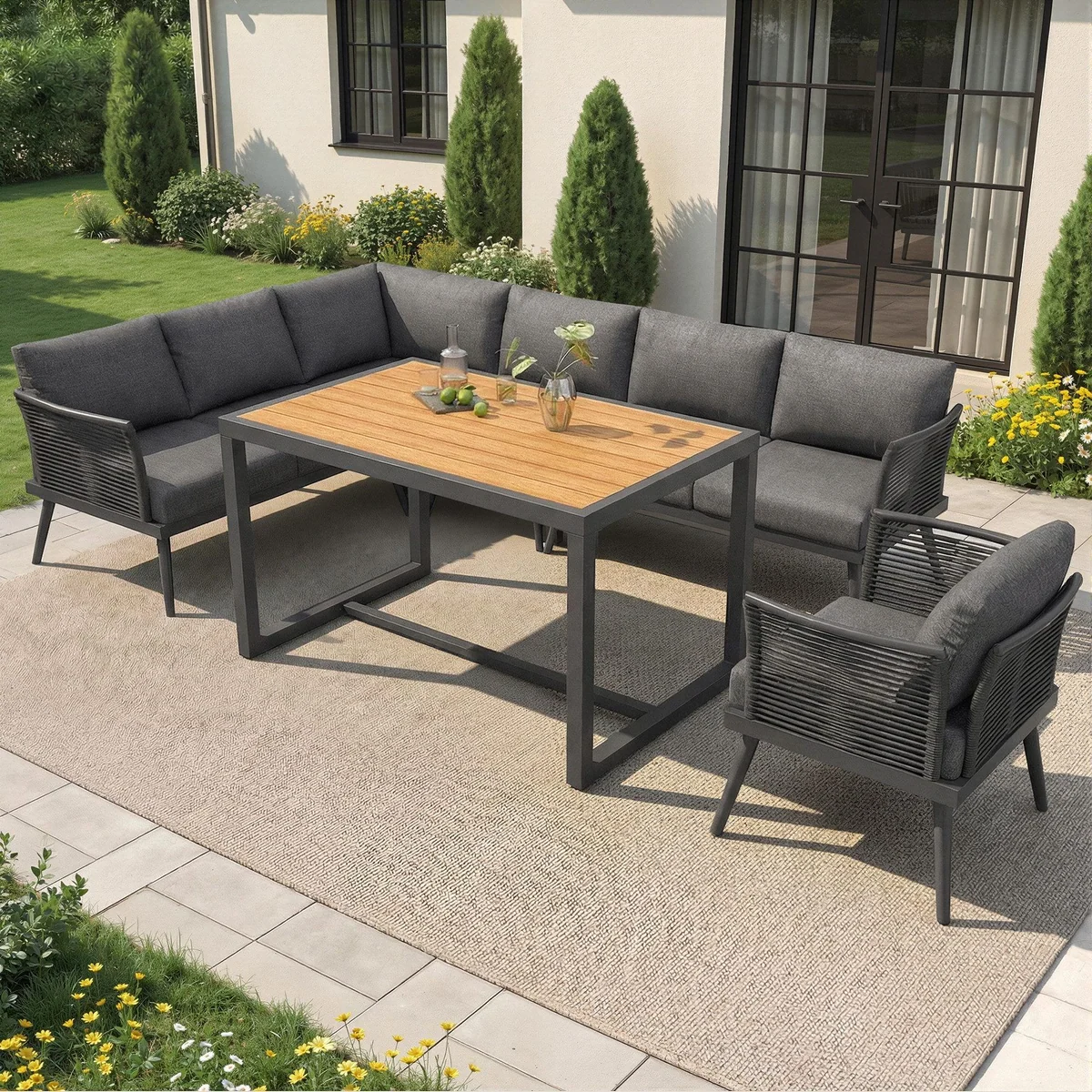 Flieks Gartenlounge-Set, 7-Sitzer L-Form mit großem Esstisch, bequem und stilvoll 2