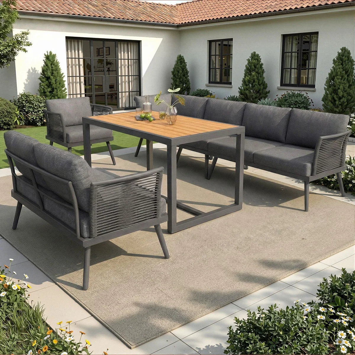 Flieks Gartenlounge-Set, 7-Sitzer L-Form mit großem Esstisch, bequem und stilvoll 3