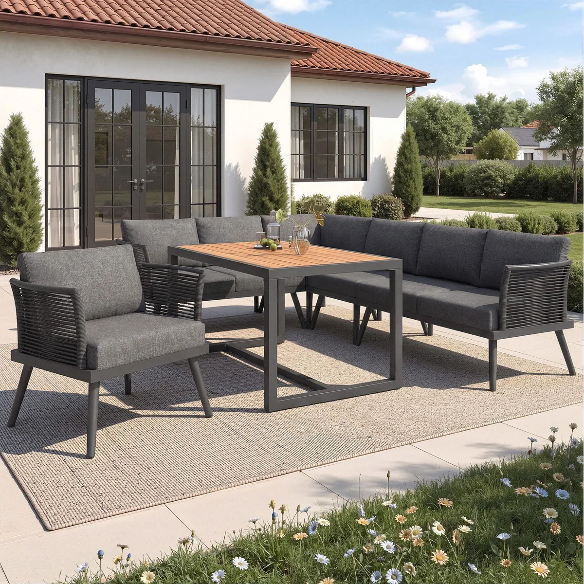 Flieks Gartenlounge-Set, 7-Sitzer L-Form mit großem Esstisch, bequem und stilvoll 4