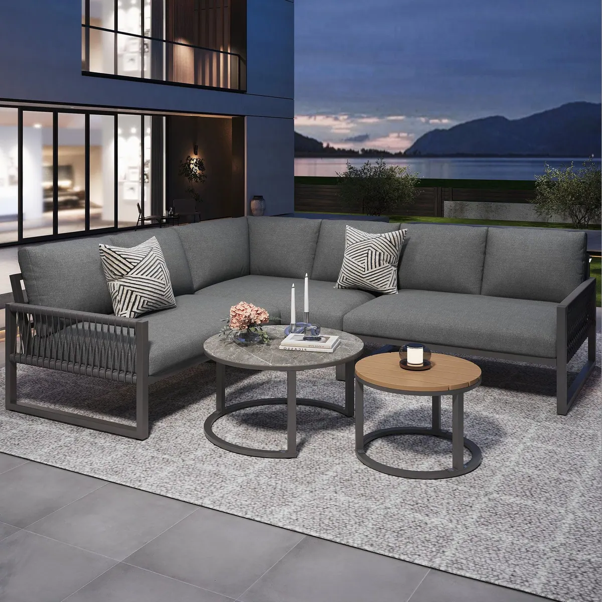 Flieks Gartenlounge-Set, 6-Sitzer Ecksofa mit Couchtischen — stilvoll, bequem, robust