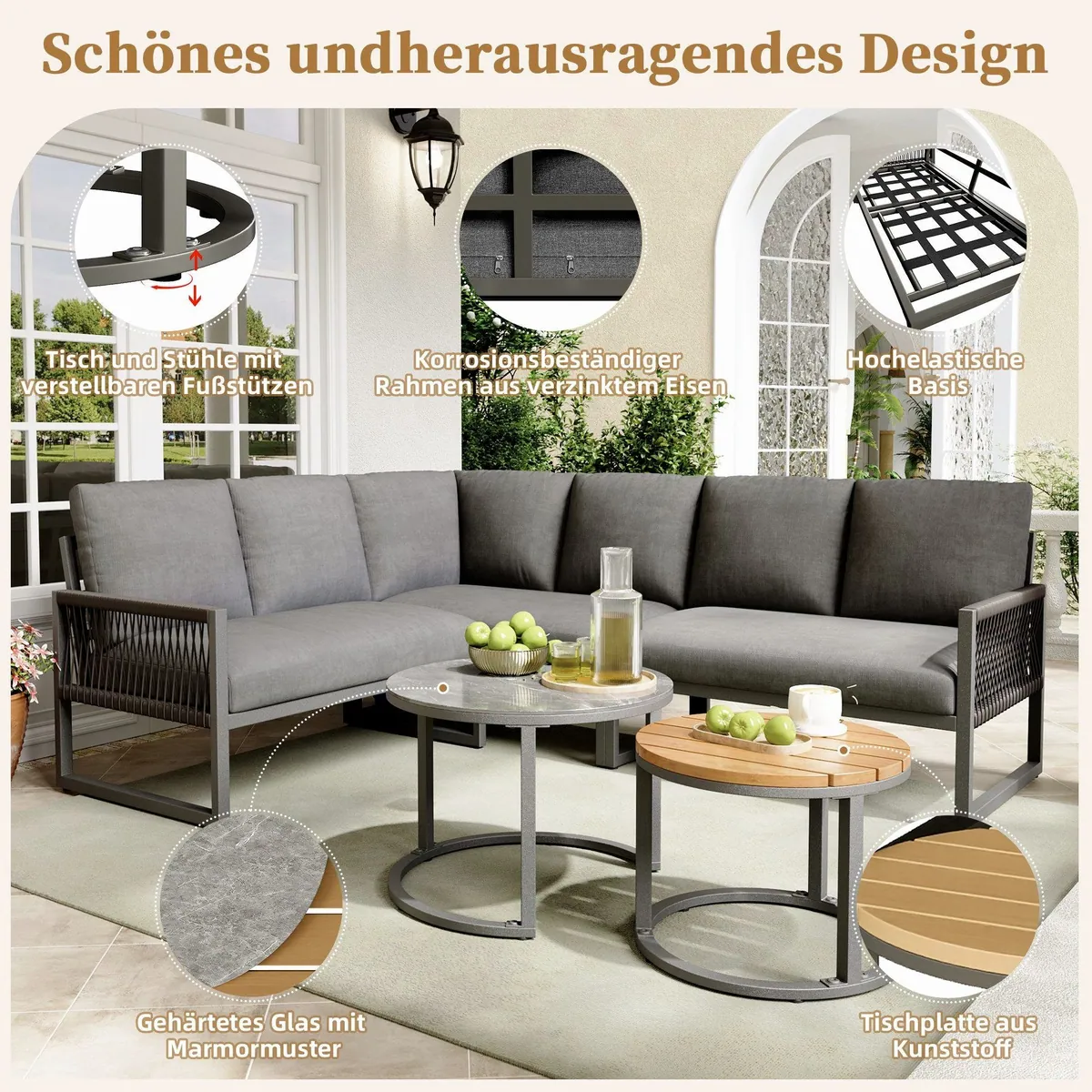 Flieks Gartenlounge-Set, 6-Sitzer Ecksofa mit Couchtischen — stilvoll, bequem, robust 4