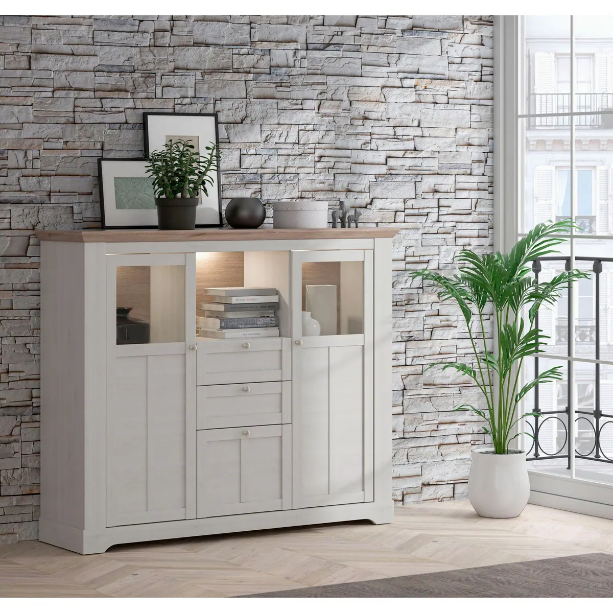 FORTE Highboard Iloppa, moderner Landhausstil, hochwertige Verarbeitung, mit Beleuchtung 2