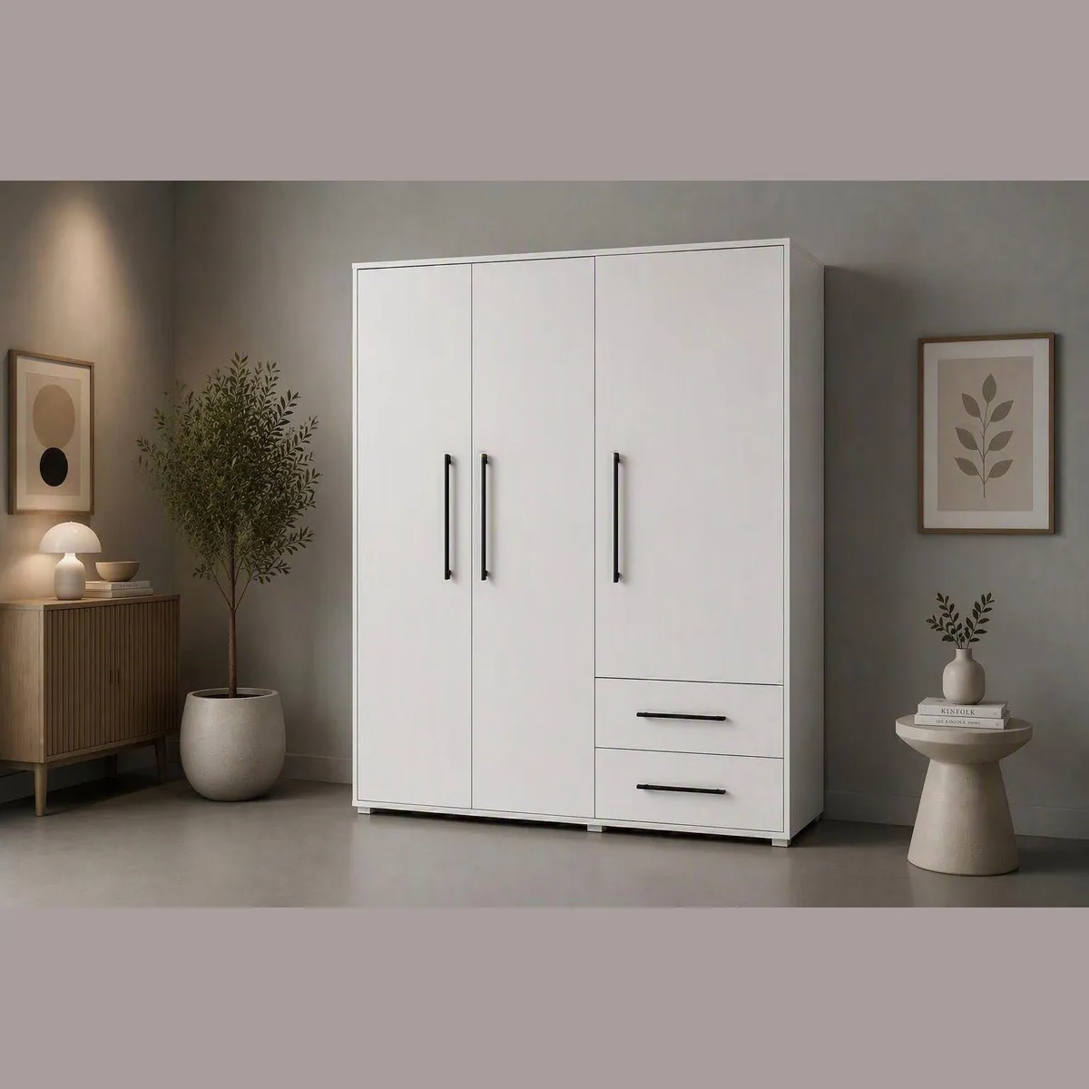 FORTE Mokkaris Kleiderschrank, zeitloses Design, 3 Türen, 2 Schubladen