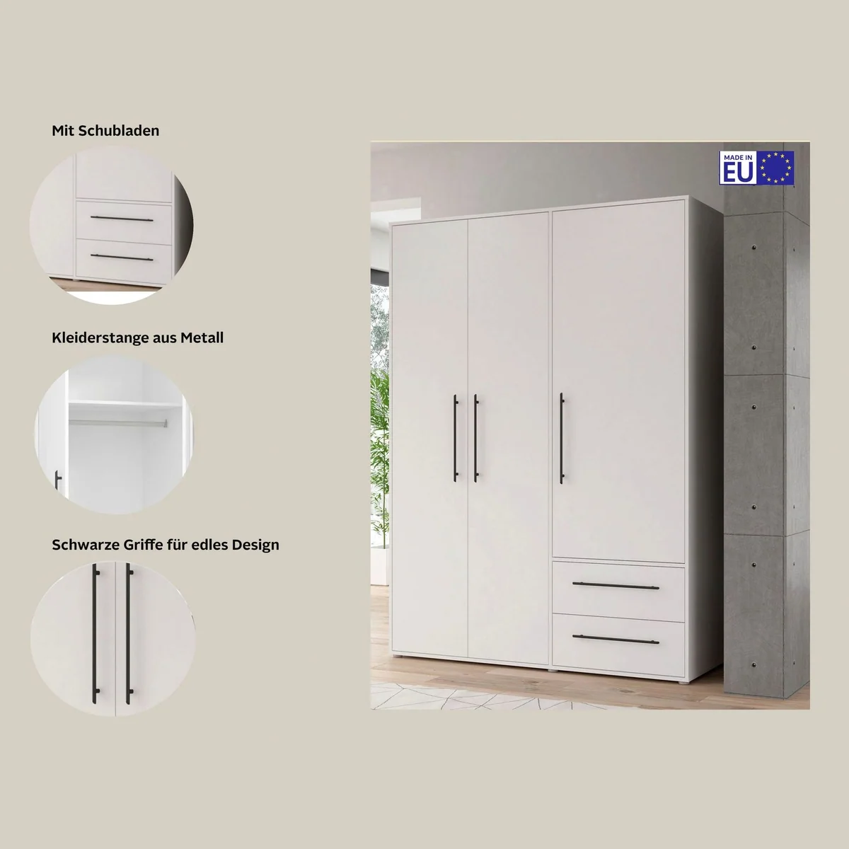 FORTE Mokkaris Kleiderschrank, zeitloses Design, 3 Türen, 2 Schubladen 3