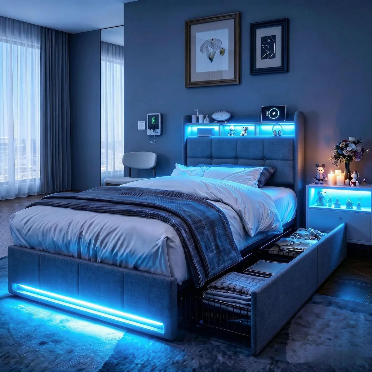 Furnishings Home LED Polsterbett, modernes Design mit Stauraum — RGB Beleuchtung, Lattenrost, Komforthöhe