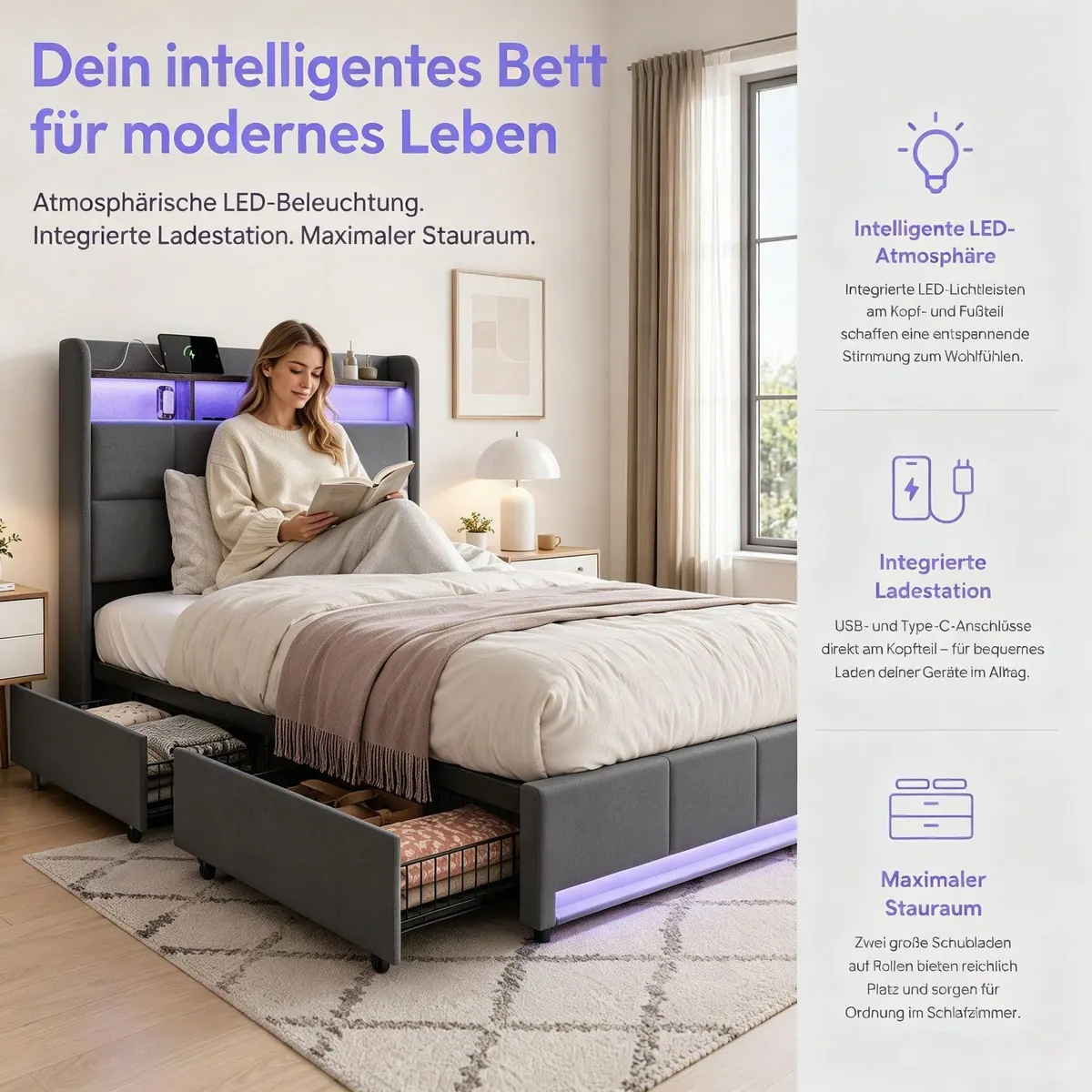 Furnishings Home LED Polsterbett, modernes Design mit Stauraum — RGB Beleuchtung, Lattenrost, Komforthöhe 3