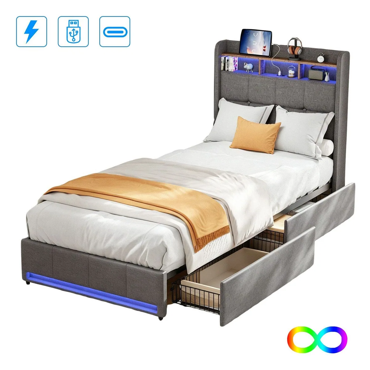 Furnishings Home LED Polsterbett, modernes Design mit Stauraum — RGB Beleuchtung, Lattenrost, Komforthöhe 4
