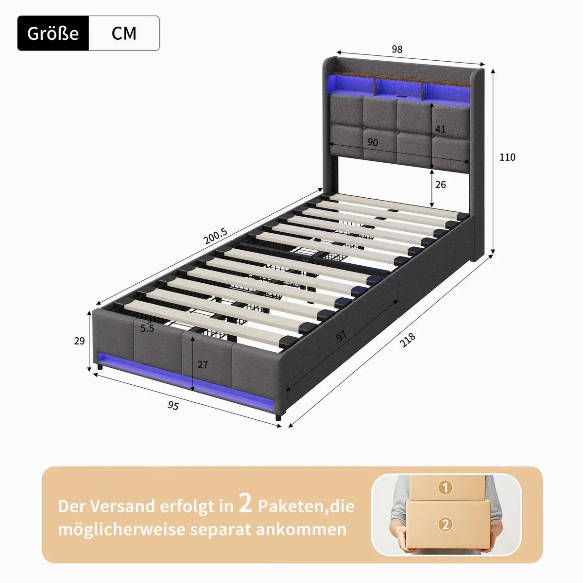 Furnishings Home LED Polsterbett, modernes Design mit Stauraum — RGB Beleuchtung, Lattenrost, Komforthöhe 5