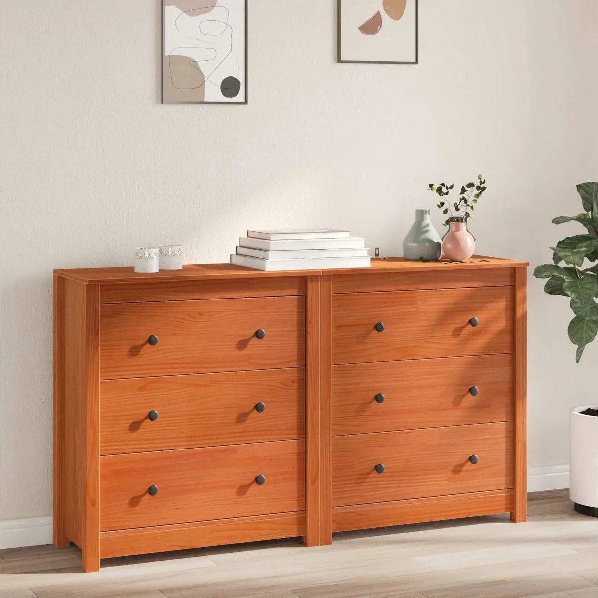 furnicato Sideboard Anrichte, Massivholz, 6 Schubladen, wachsbraun